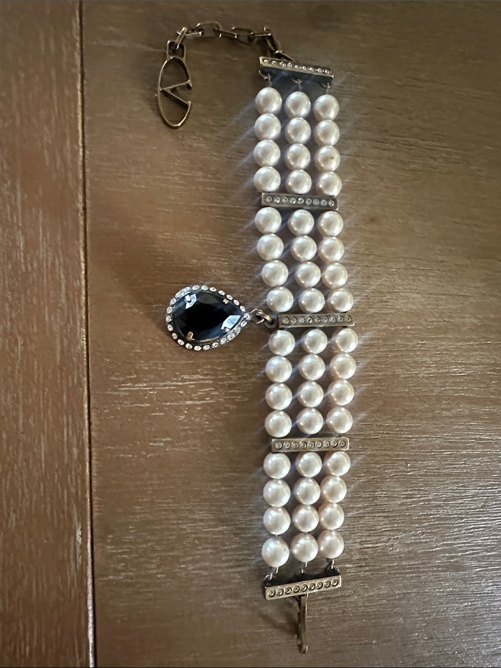 Valentino Garavani Pearl Multi-Strand Bracelet with Black Teardrop Charm